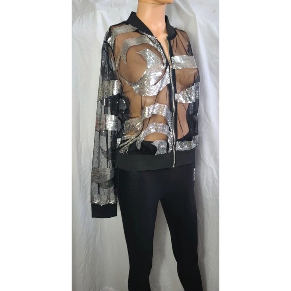 Touch Me Sequin Mesh Bomber Jacket Black Silver Swirl Y2K Rave Festival Glam L